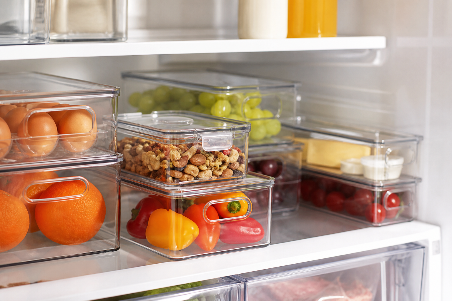 Clear fridge organization bins in a refrigerator