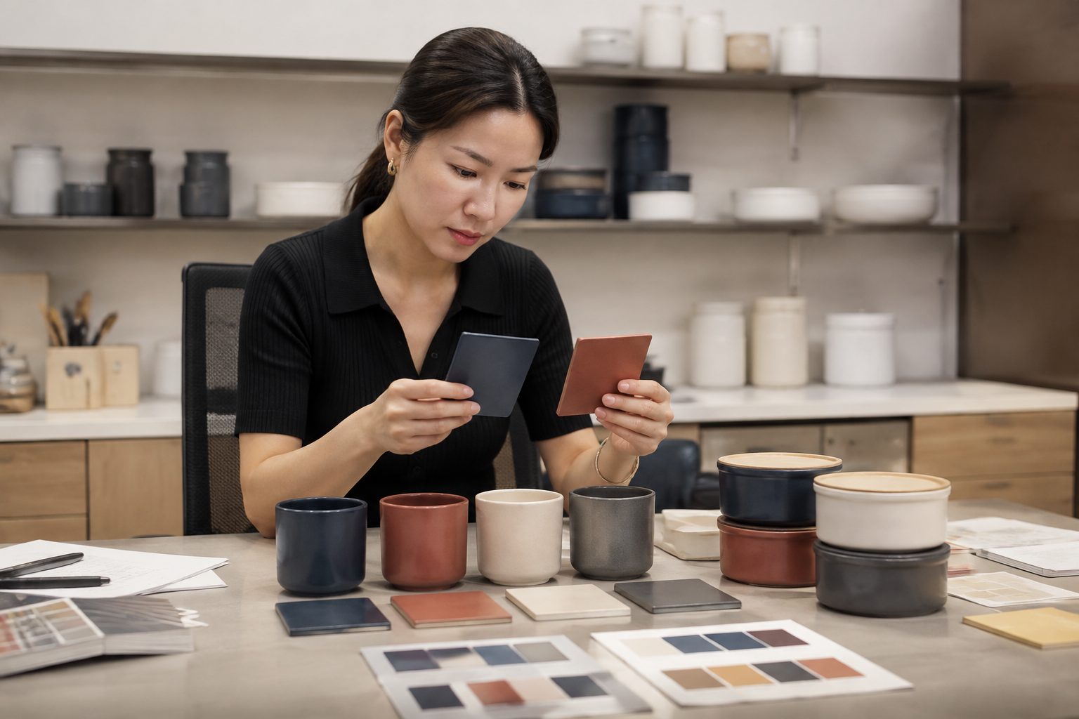 Asian quality specialist reviewing homeware colour samples