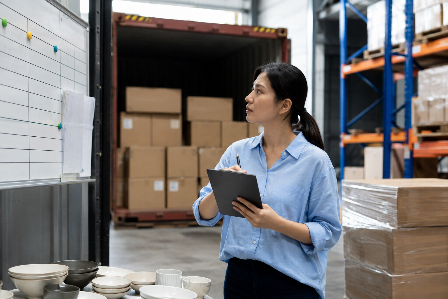 Asian coordinator preparing homeware shipment documents