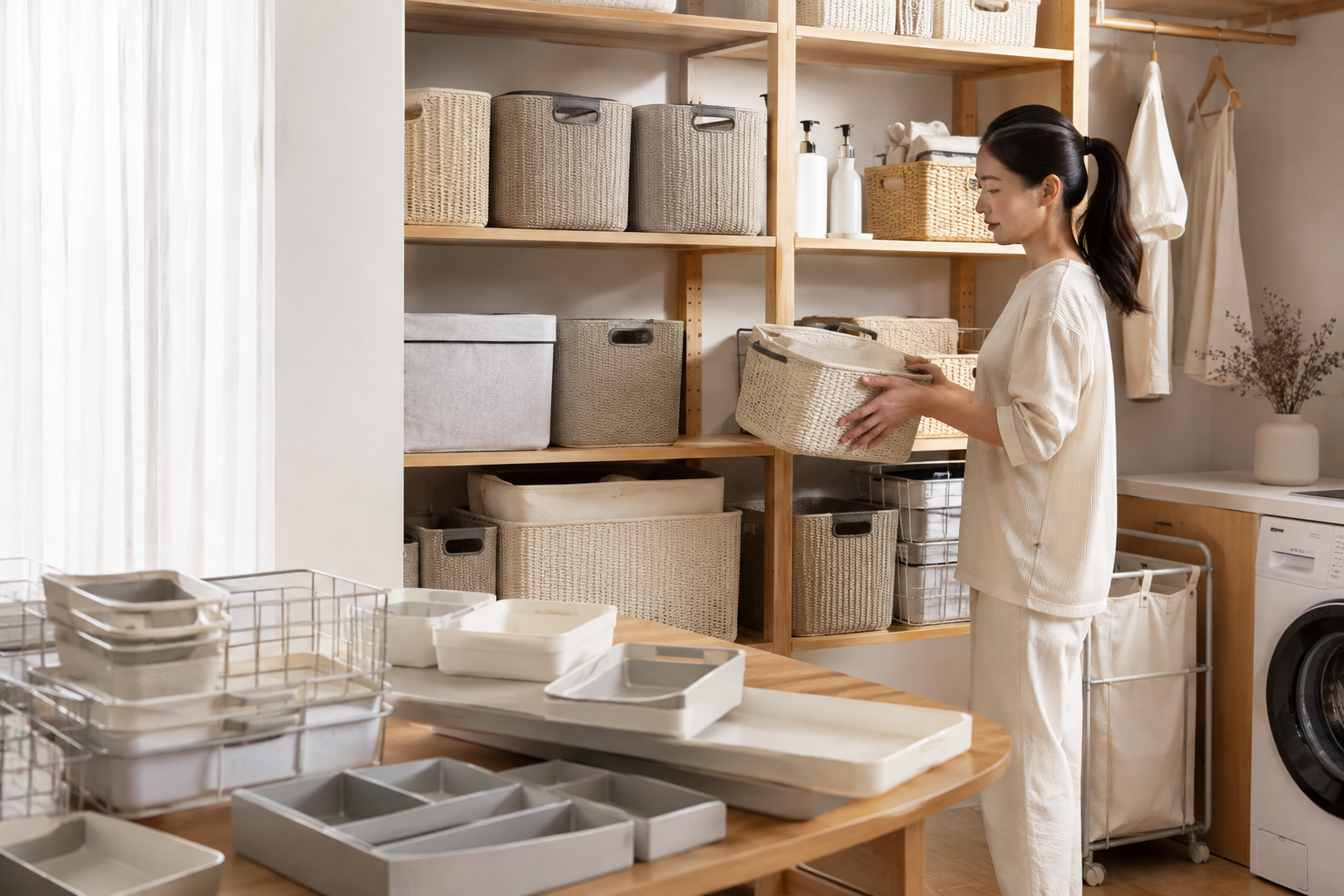 Home organization products arranged as a retail range