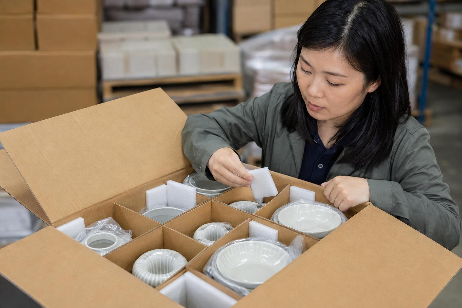 Protected homeware inside an export carton