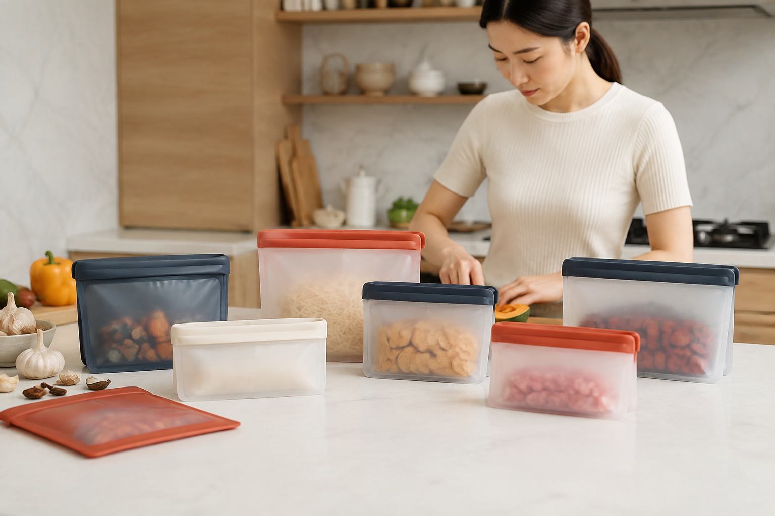Reusable silicone food storage bags in useful sizes