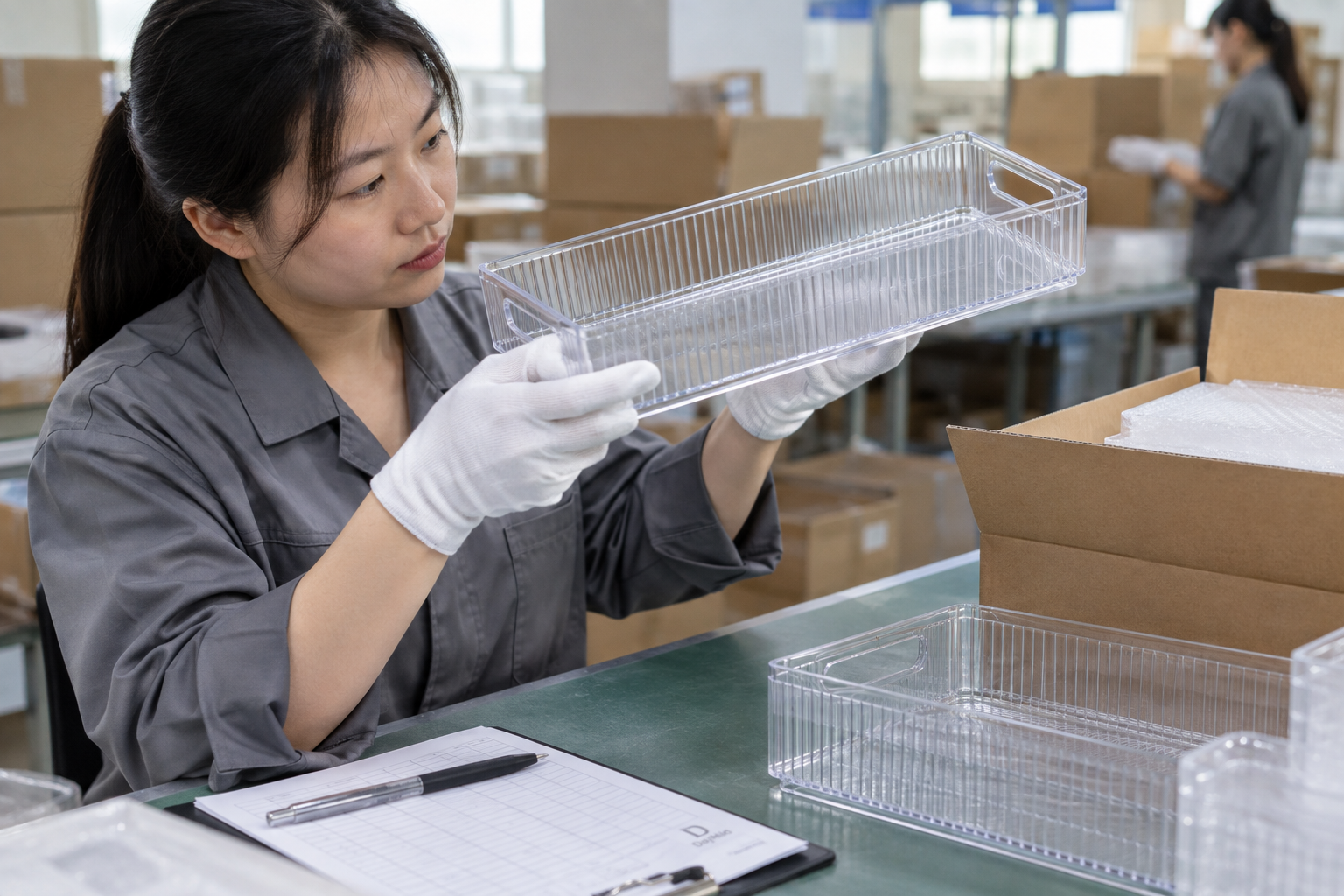 Asian quality-control employee inspecting a clear bathroom storage tray and protective packing