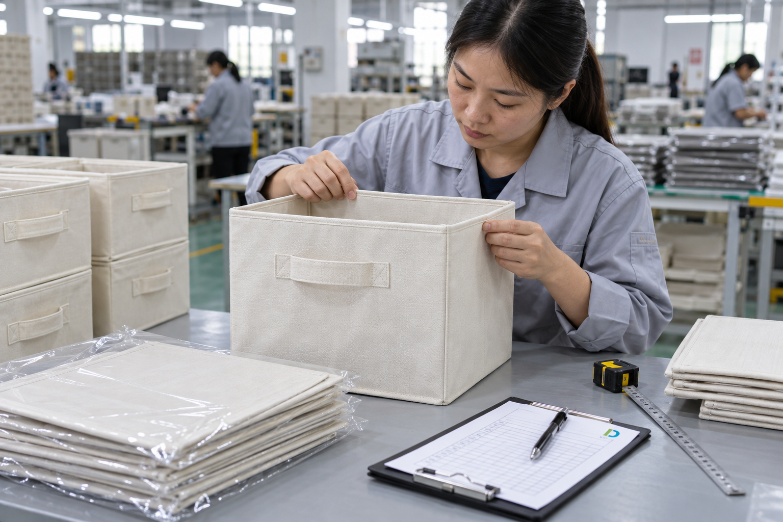 Asian quality-control employee inspecting seams and handles on a cream fabric closet organizer