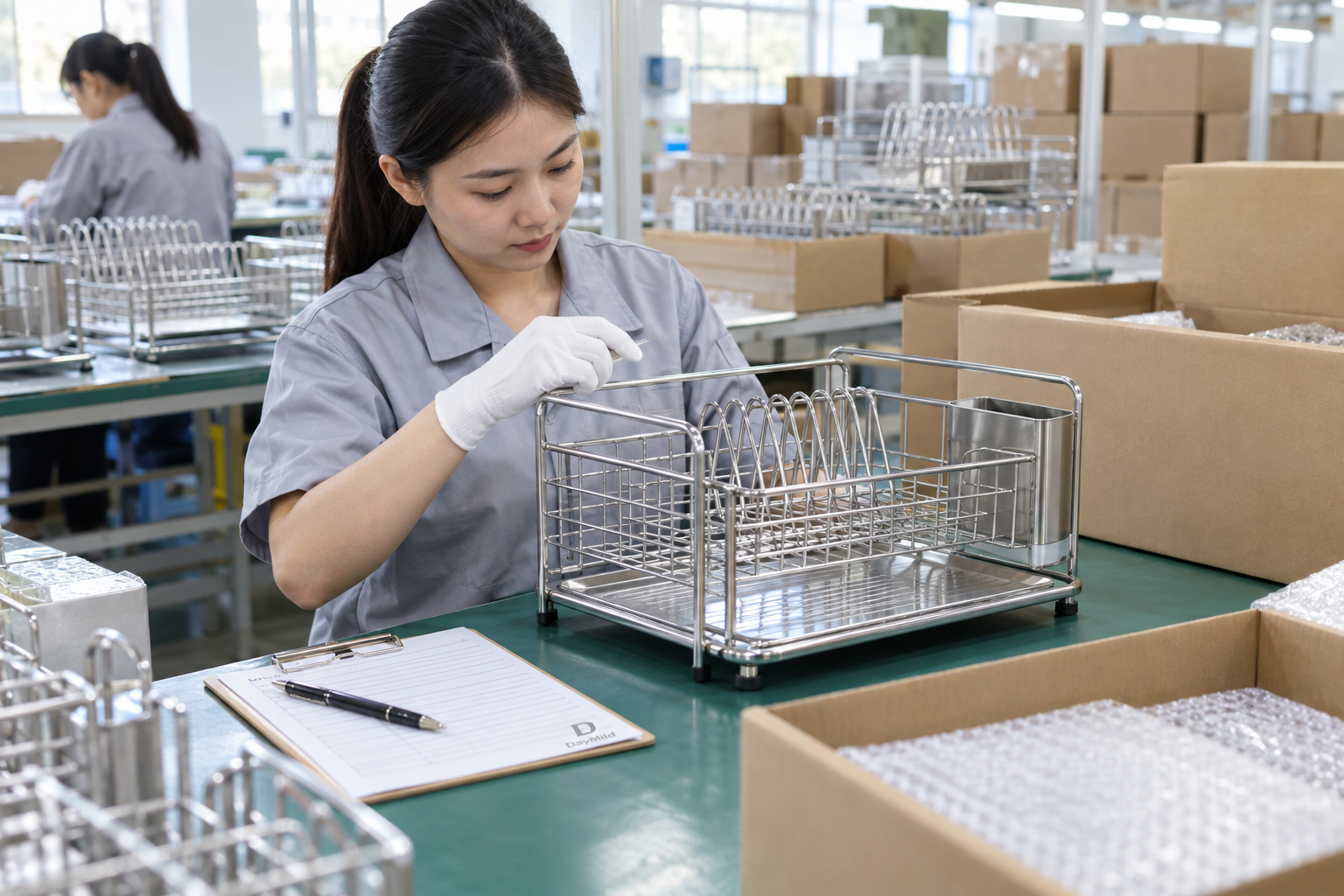 Asian quality-control employee inspecting a stainless steel dish drying rack at a packing station