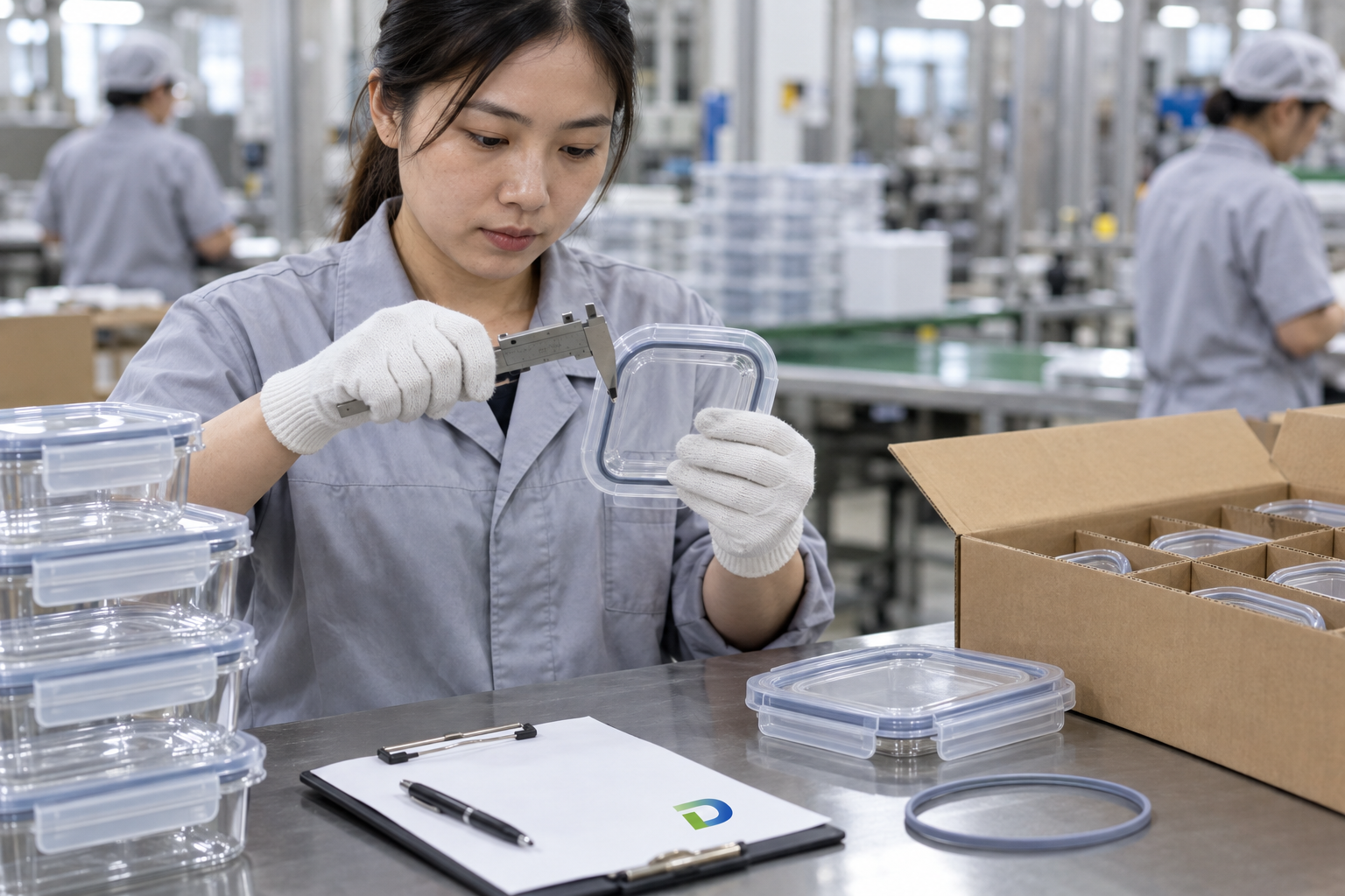 Asian quality-control employee checking food storage container lid and gasket fit beside carton dividers