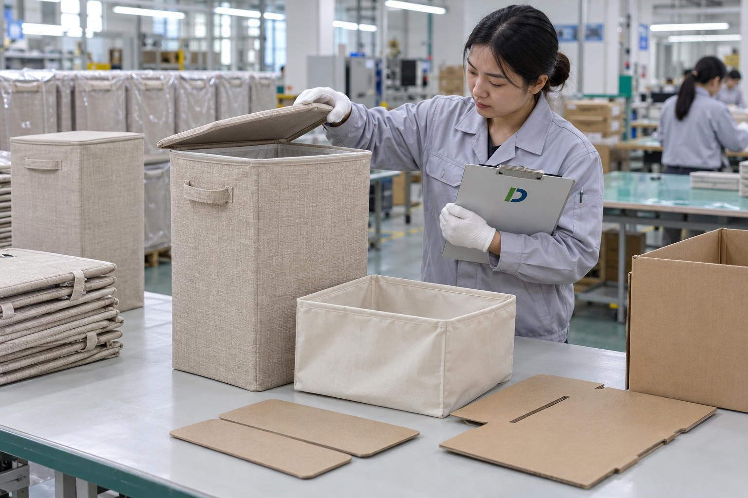 Asian quality-control employee checking a folded fabric laundry hamper and flat-pack carton inserts