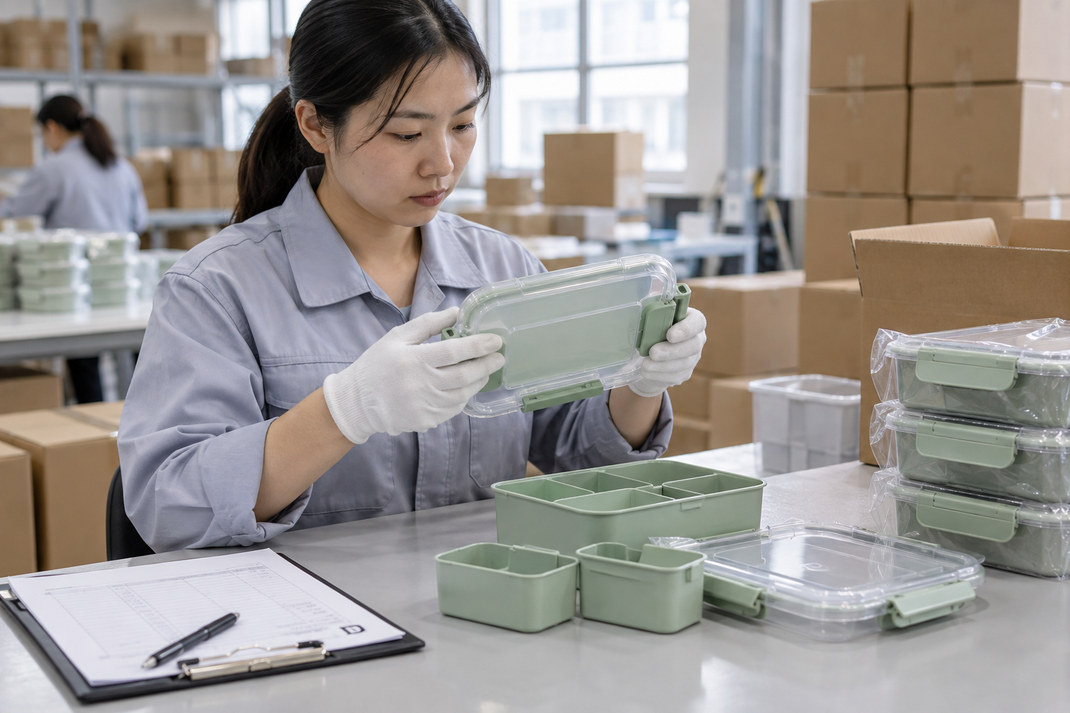 Asian quality-control employee checking reusable lunch box closures, dividers and retail packing