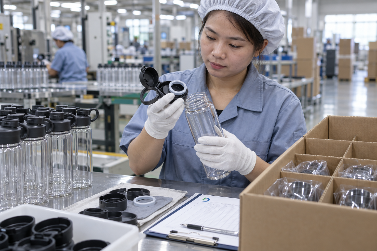 Asian quality-control employee checking a reusable water bottle flip lid, gasket and carry loop