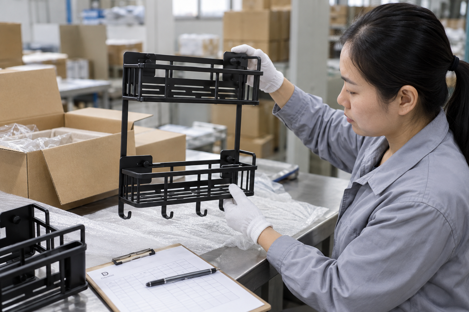 Asian quality-control employee inspecting a matte black shower caddy at a factory packing station
