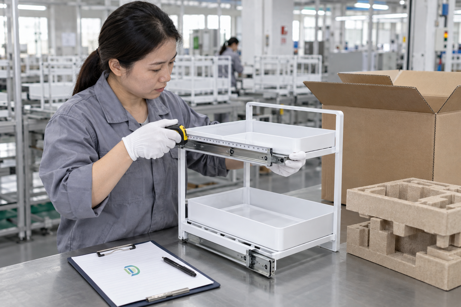 Asian quality-control employee measuring organizer rails beside protective inserts and an export carton