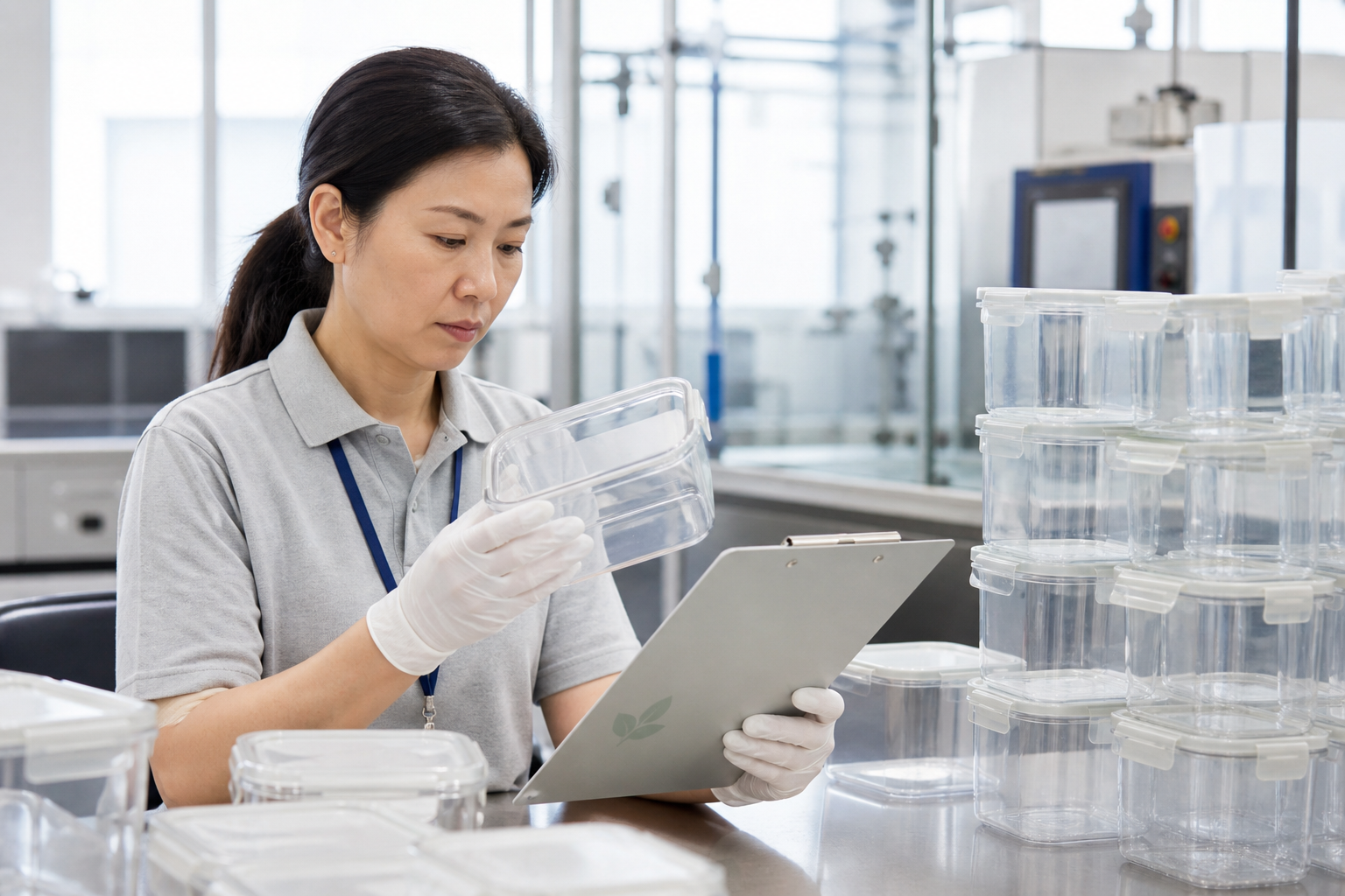 Asian quality-control specialist comparing clear storage containers with an approved sample and checklist