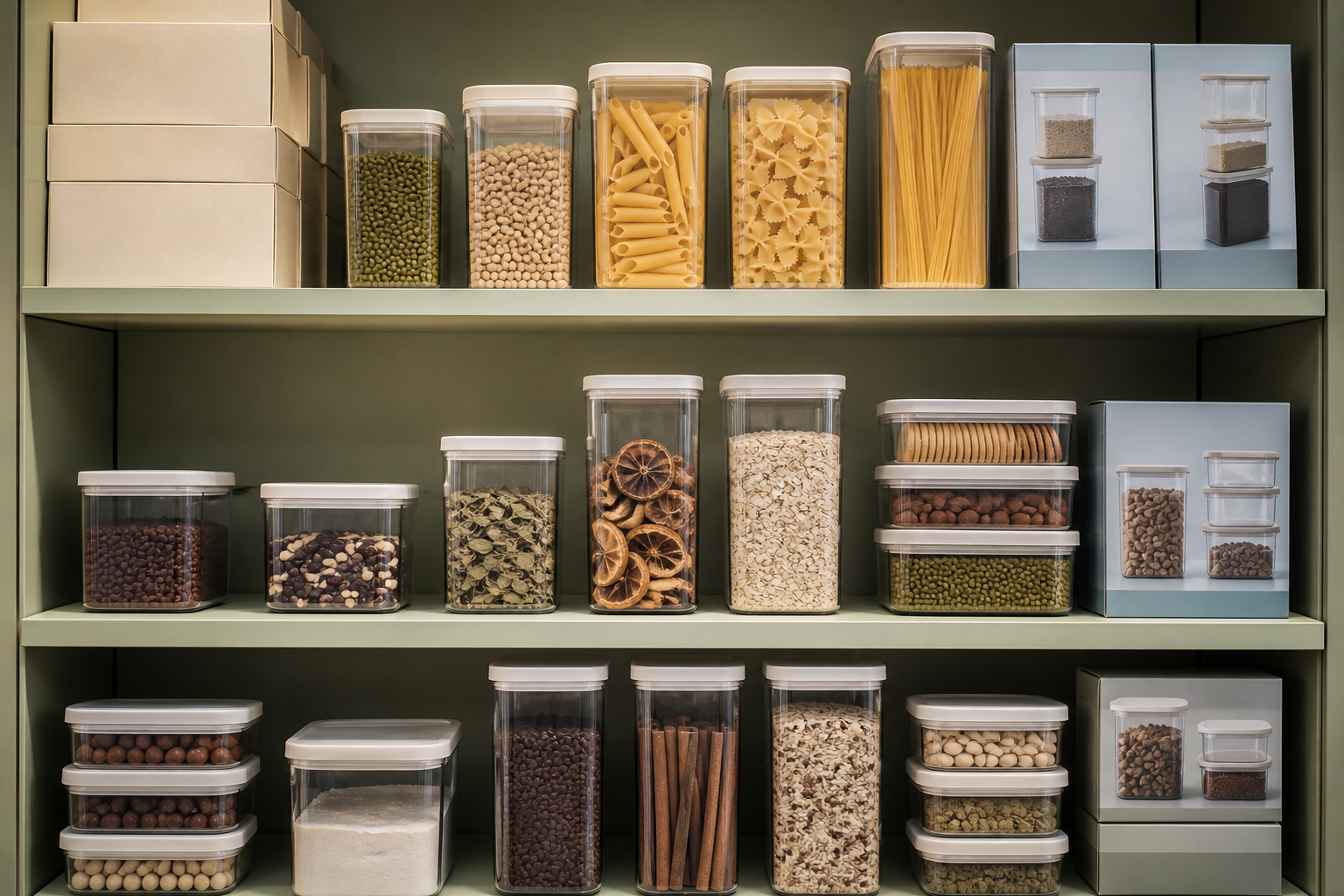 Retail-ready pantry storage containers displayed in coordinated packaging on a modern kitchen shelf