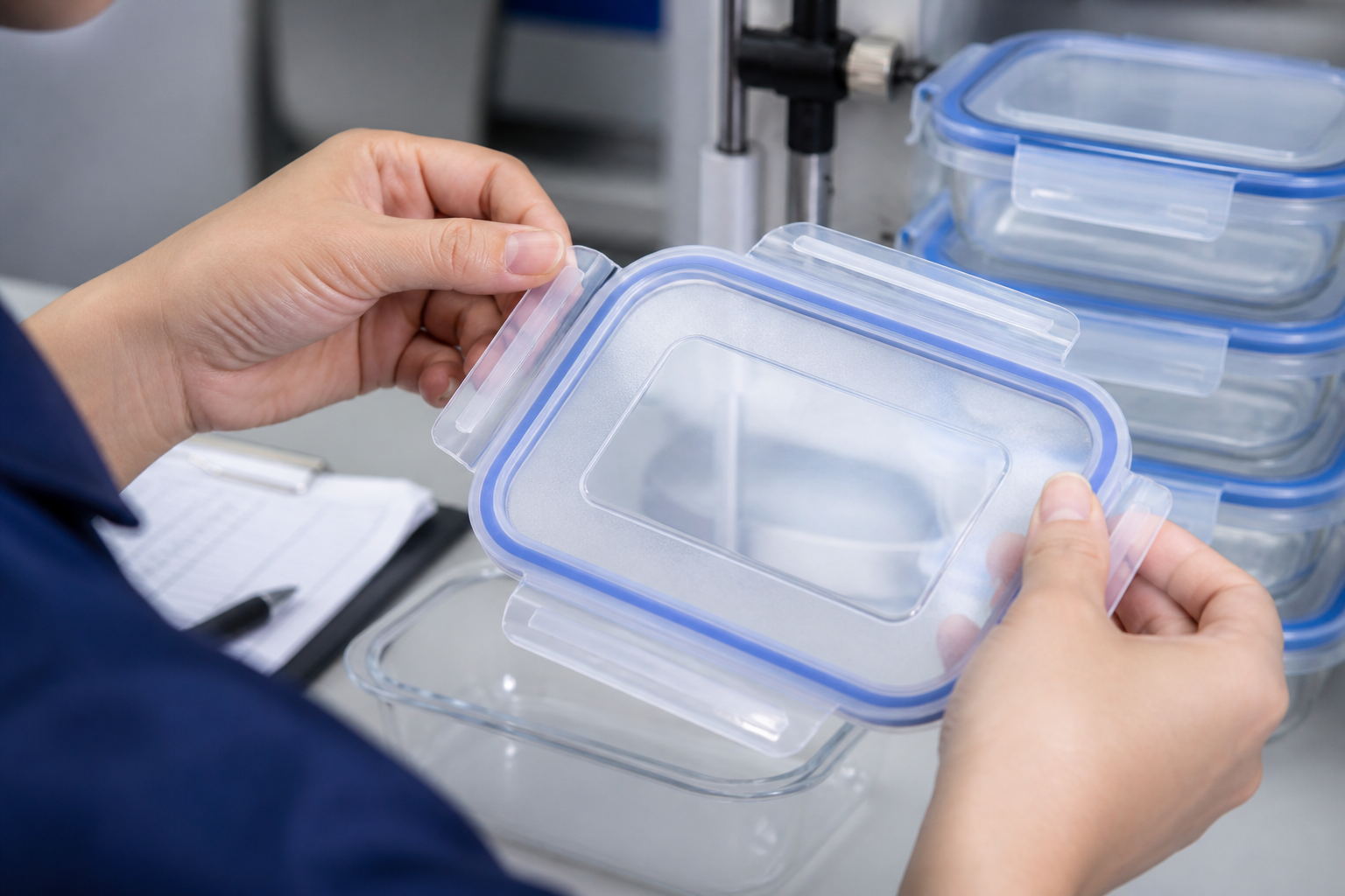 Close-up functional check of plastic storage-container lid and clip mechanism during quality inspection