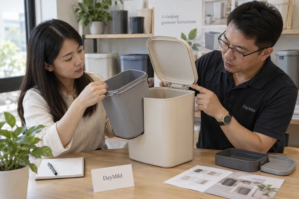 Asian sample reviewer inspecting DayMild countertop compost bins: lid operation, liner fit and truthful odor wording