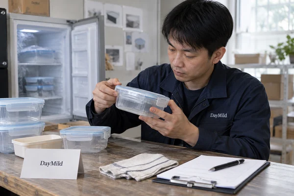 Asian sample reviewer inspecting DayMild freezer food storage containers: cold-use lid behavior and claim-specific food-contact evidence