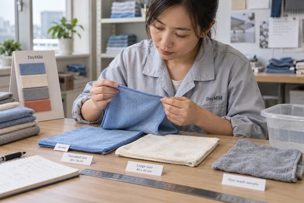 Asian sample reviewer inspecting DayMild microfiber cleaning cloths: the intended surface result and post-wash edge stability