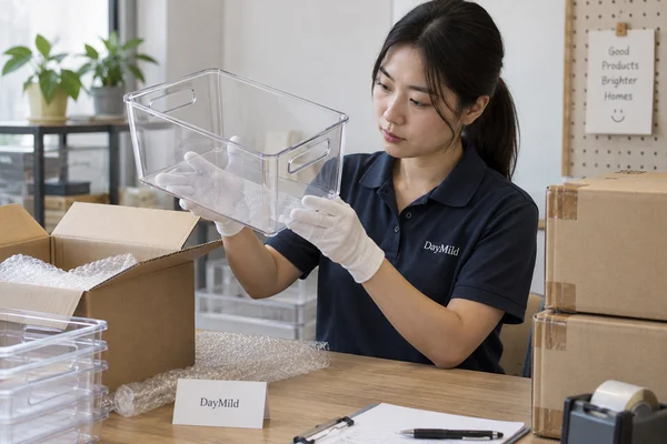 Asian sample reviewer inspecting DayMild pantry bins: scratch and breakage control in the one-unit parcel route