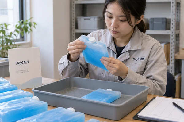 Asian sample reviewer inspecting DayMild reusable ice packs: seal integrity after freeze-thaw and frozen-state fit