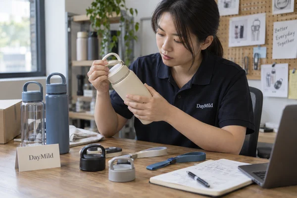 Asian sample reviewer inspecting DayMild reusable water bottles: carry-loop attachment and cap retention under the intended filled use