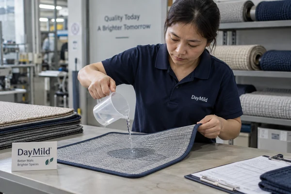Asian employee illustration reviewing DayMild dish drying mats samples
