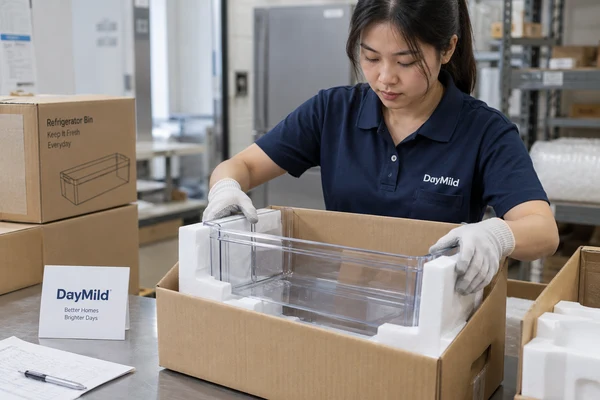 Asian employee illustration reviewing DayMild fridge organizers samples