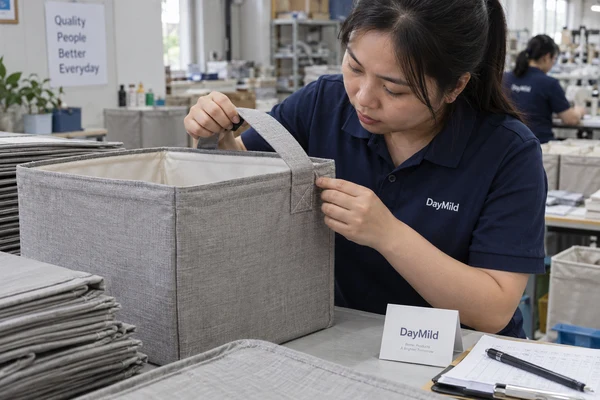 Asian employee illustration reviewing DayMild laundry hampers samples