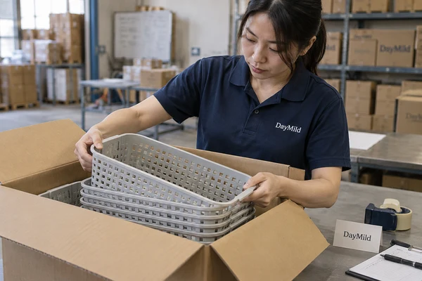 Asian employee illustration reviewing DayMild storage baskets samples