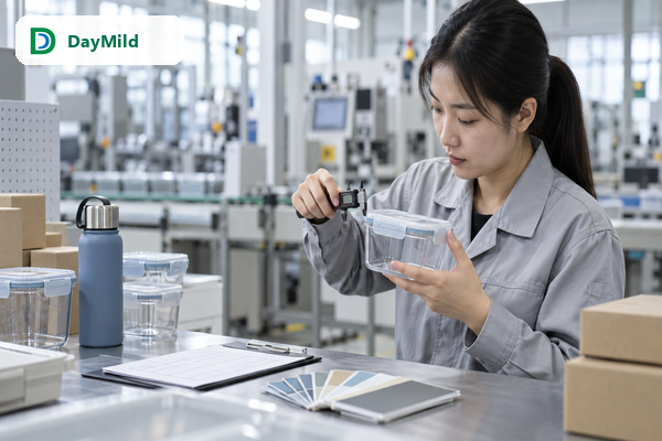 Asian quality specialist inspecting a homeware container at a factory quality-control bench
