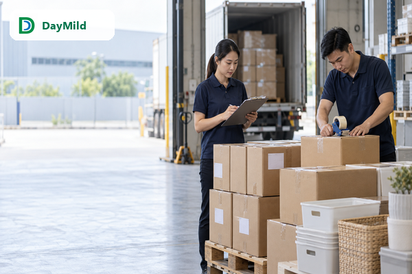Asian warehouse employees preparing unbranded homeware export cartons for shipment